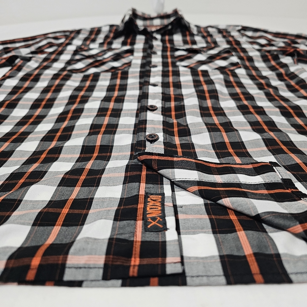 Dixxon Route 66 Plaid Button Up Shirt Mens M Black White Orange Bamboo Blend - Picture 5 of 8